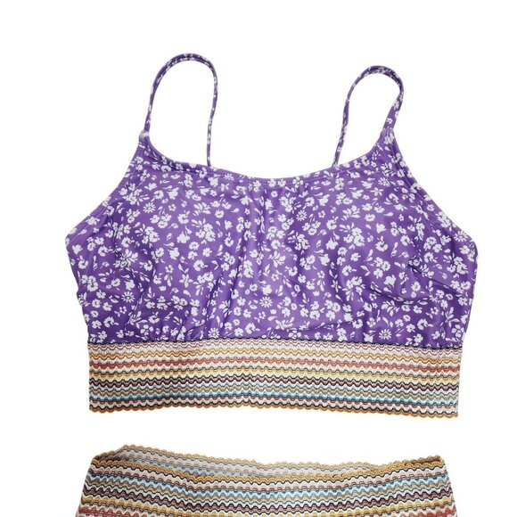 Purple Floral High Waist Bikini Set Swimsuit Striped Band Size L - Picture 3 of 5